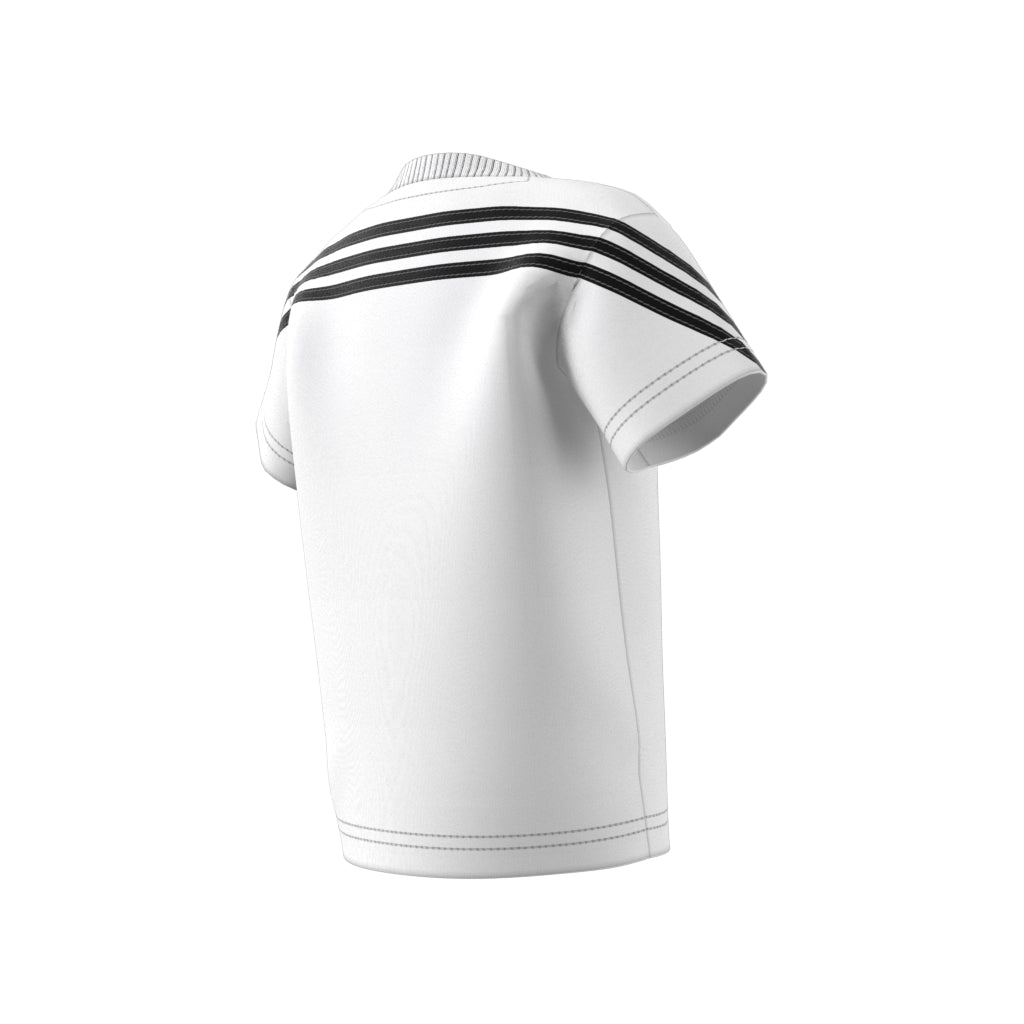 tricou copii alb cu imprimeu si dungi pe spate